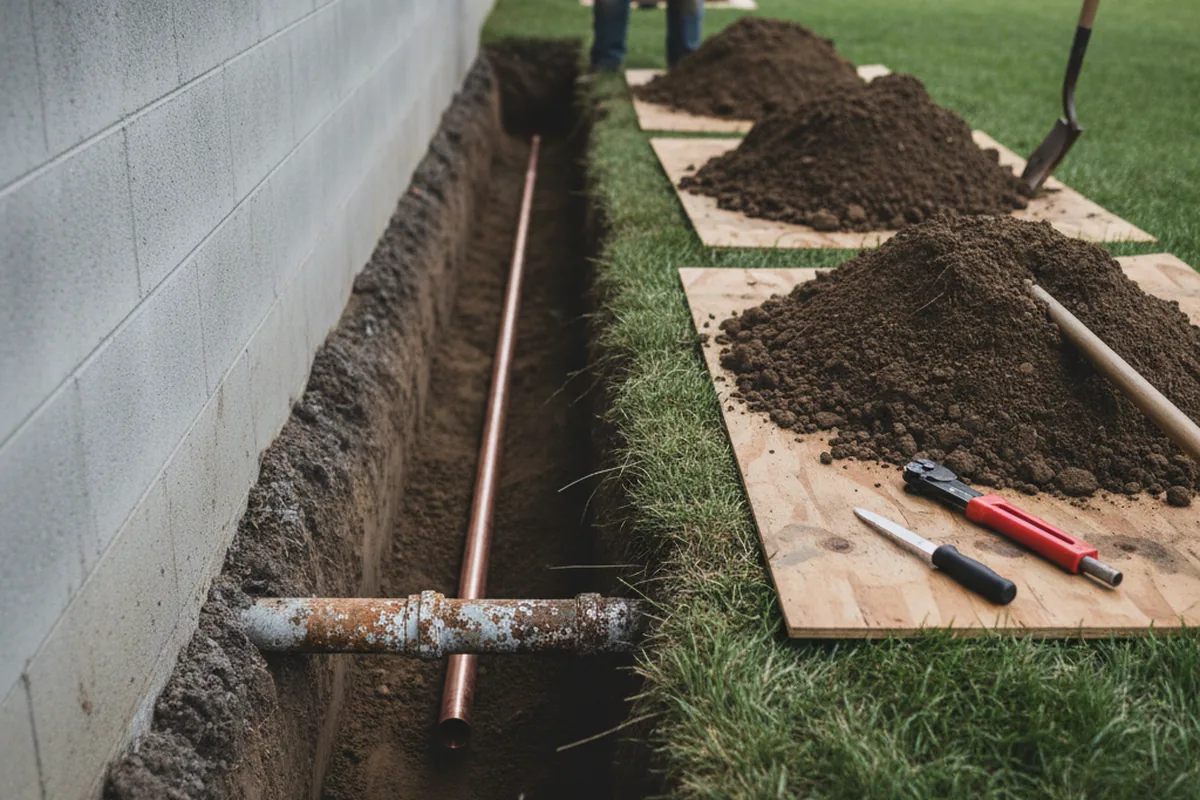 Excavated water line trench during Water Softener Installation in Upperco